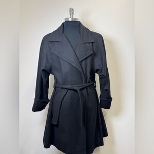 Connie Mancy Wool Blend Wrap Coat Black Size L Red Satin Lining
